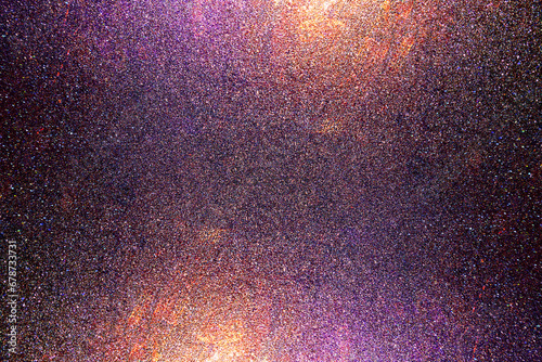 Black dark indigo blue gold orange glitter shiny abstract background for design. Twinkling glow stars effect. Fantastic, fantasy. Like outer space, night sky, universe. Grain, rough surface.