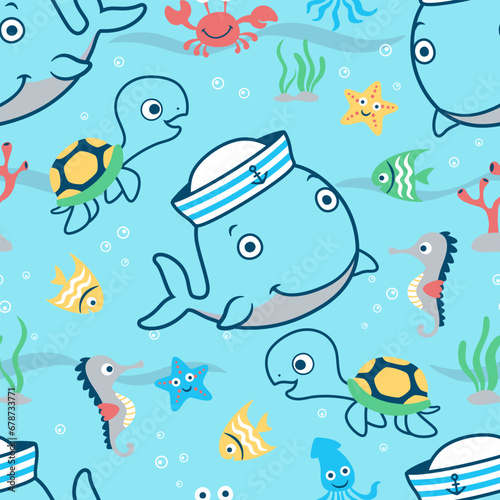 Seamless pattern vector of marine animals cartoon