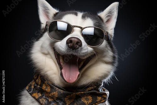 Close-up portrait of cute smiling husky dog wearing sunglasses on black background. Happy and excited puppy with strong facial exression