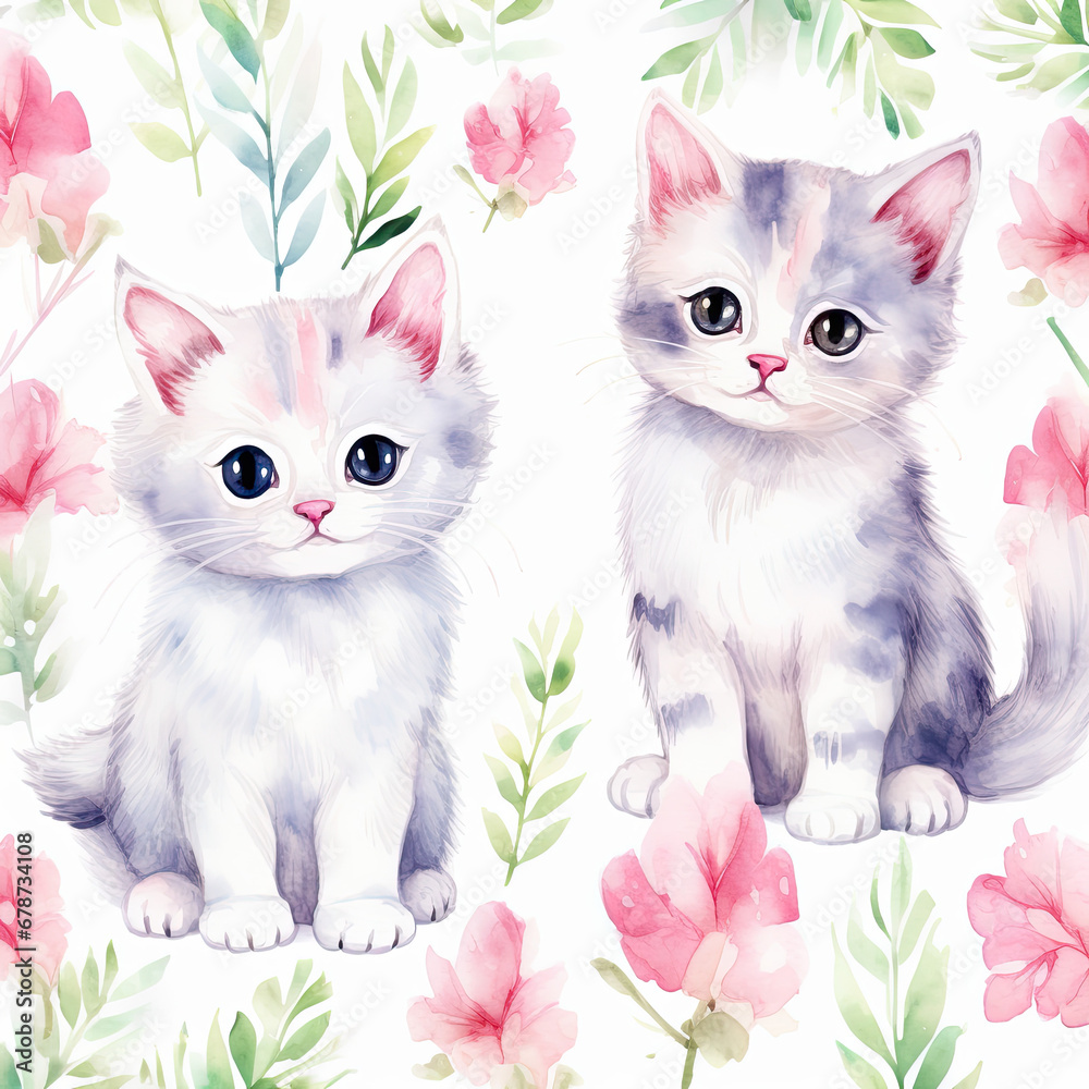watercolor cats, Seamless pattern