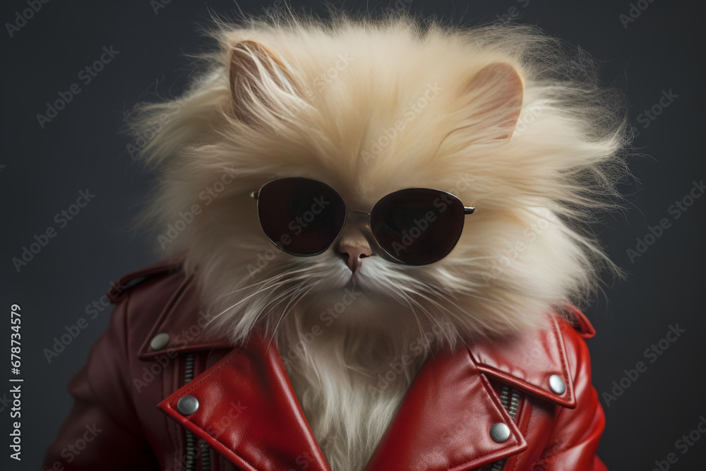 Cute fluffy ginger cat wearing sunglasses and leather jacket, rock star animal on gray background