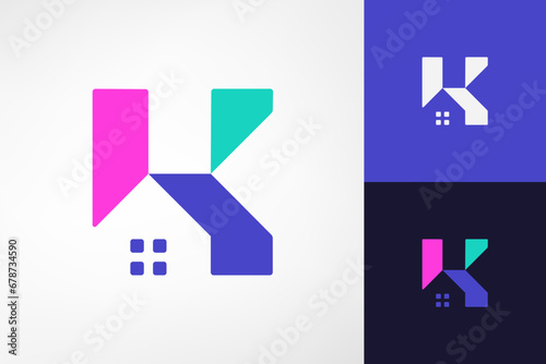 Geometric Letter K logo with house symbol in negative space. A simple, modern and sophisticated logo that looks smart. The perfect for real estate companies, mortgages, hotels, construction, etc.