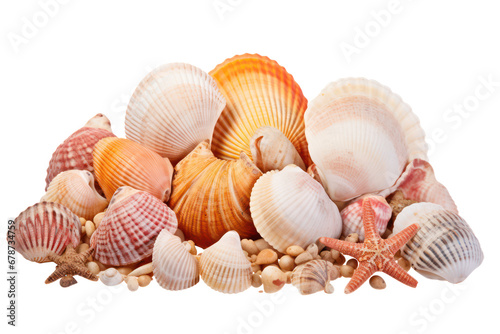 Decorations of seashell, ocean mollusk and starfish isolated on transparent background, cutout png file