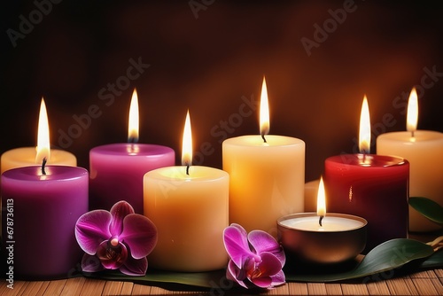 Burning candles in a dark room on a white marble table