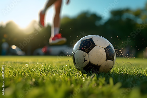 close-up photo of soccer player playing football on a green grass.