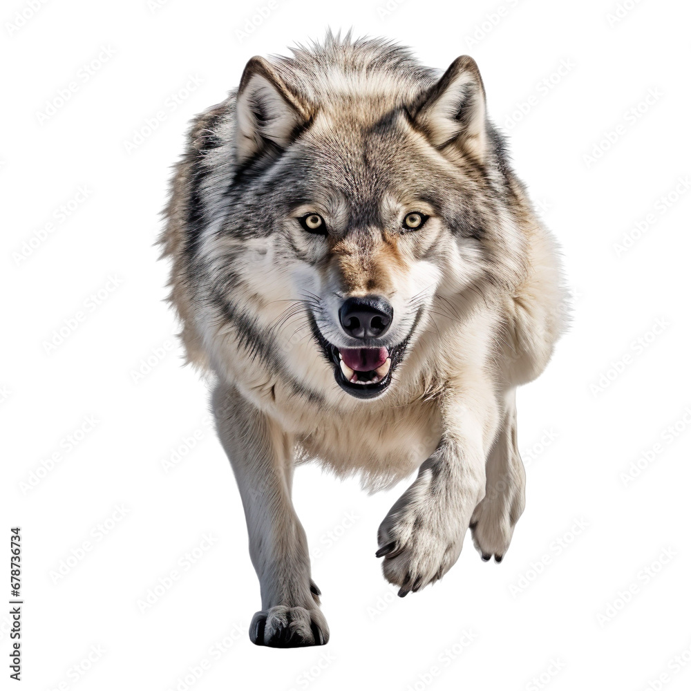 front view of a wolf animal running towards the camera on a white transparent background front view of a wolf animal running towards the camera on a white transparent background