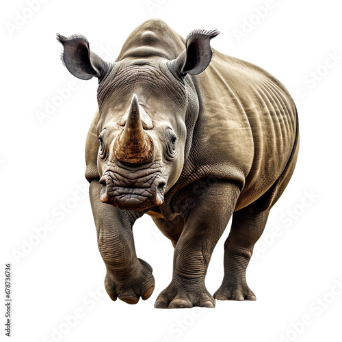 front view of a rhinoceros animal running towards the camera on a white transparent background 