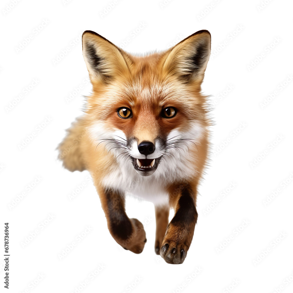 front view of a red fox animal running towards the camera on a white transparent background 