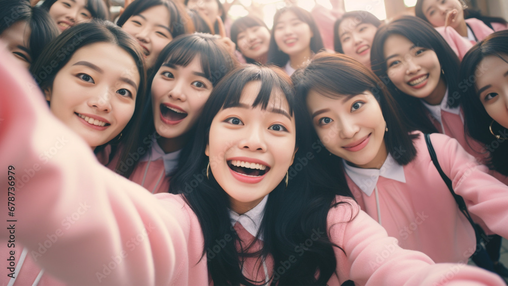 Asian University beautiful women’s gang in pink dress, taking selfie Asian University beautiful women’s gang in pink dress, taking selfie
