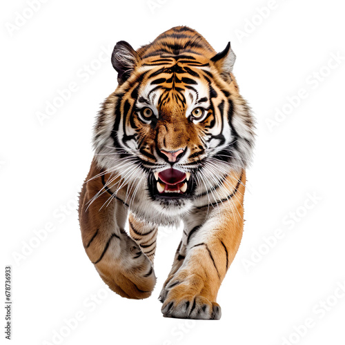 front view of a tiger animal running towards the camera on a white transparent background 