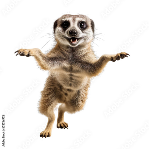 front view of a meerkat animal running towards the camera on a white transparent background 