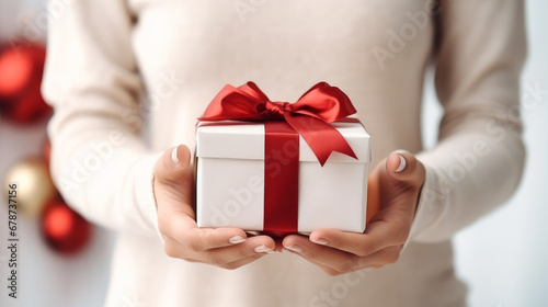 Christmas gift in a light box with a red ribbon in gentle female hands, in a white sweater on a light, New Year's background with bokeh and copy space