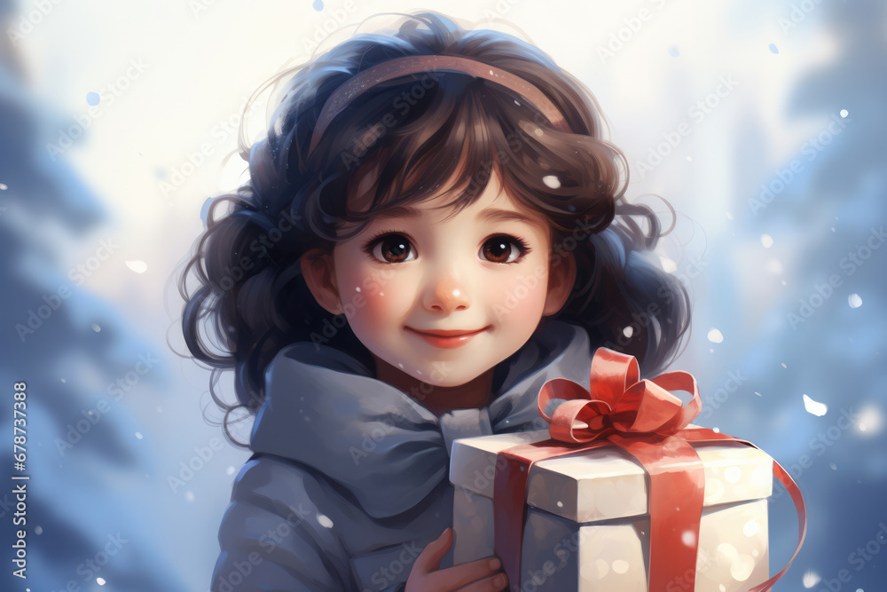 Young girl with gift box in drawing style Young girl with gift box in drawing style