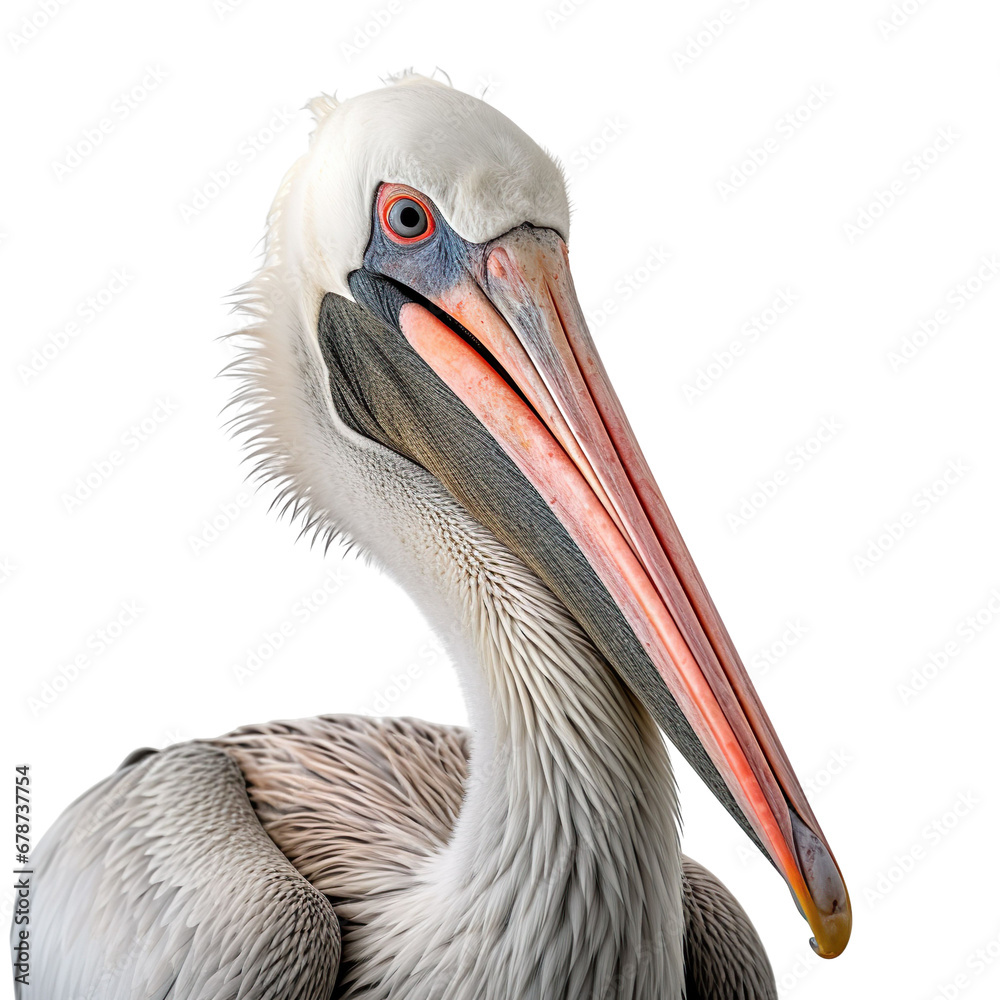 front view face close up of Pelican bird on a white transparent background front view face close up of Pelican bird on a white transparent background