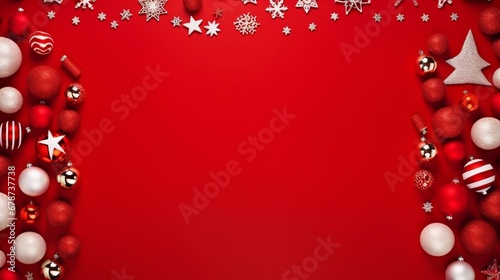 Top view Flat lay Christmas still life from christmas decorations on a red background