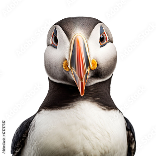 front view face close up of Puffin bird on a white transparent background