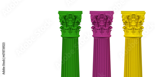 3D rendered 3 colored corinth columns on white background with copy space. Thanks to the Clipping Path feature, you can easily change the background of the object in any way you want. photo
