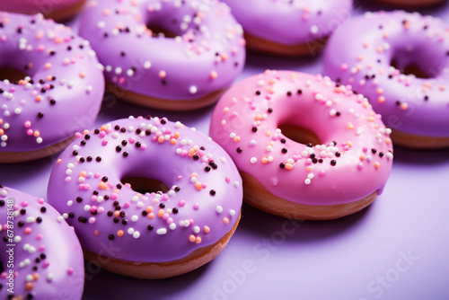 Donuts in glaze with sprinkles close-up, selective focus