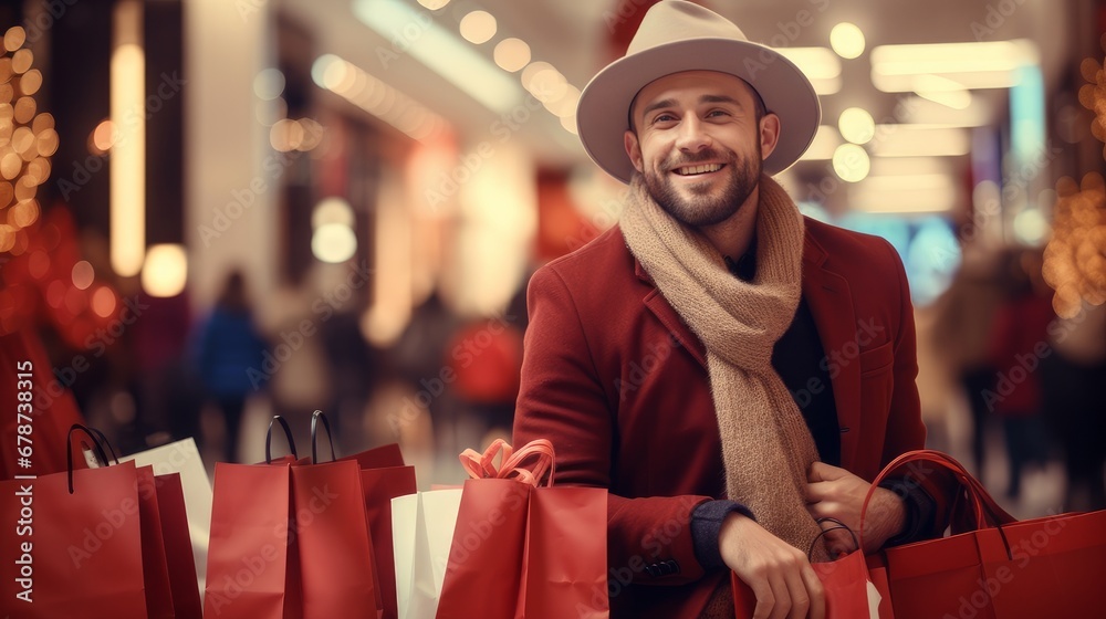 Smiling man with Christmas gifts in shopping bags in a shopping mall. Christmas sale concept