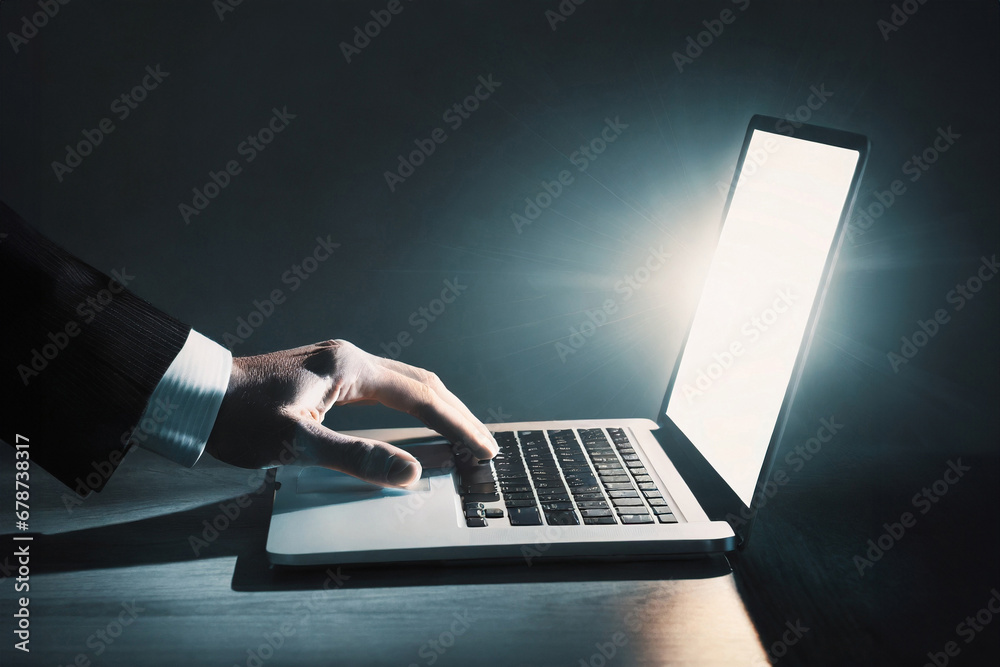 Mockup image of business man using and typing on laptop with blank white screen,dark background. Mockup image of business man using and typing on laptop with blank white screen,dark background.