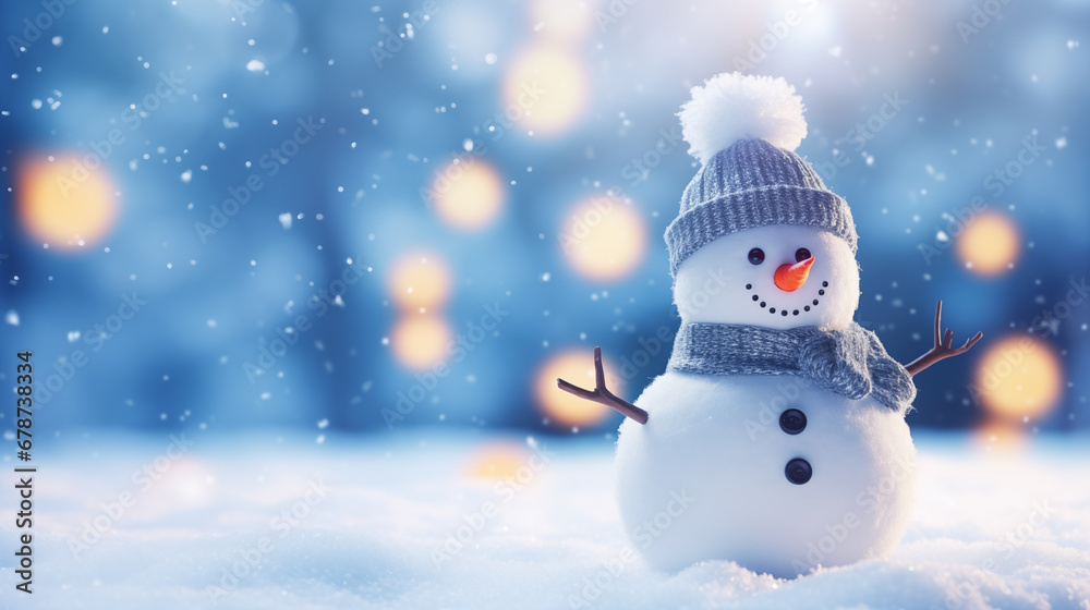 Fototapeta premium Christmas winter background with snowman in snow