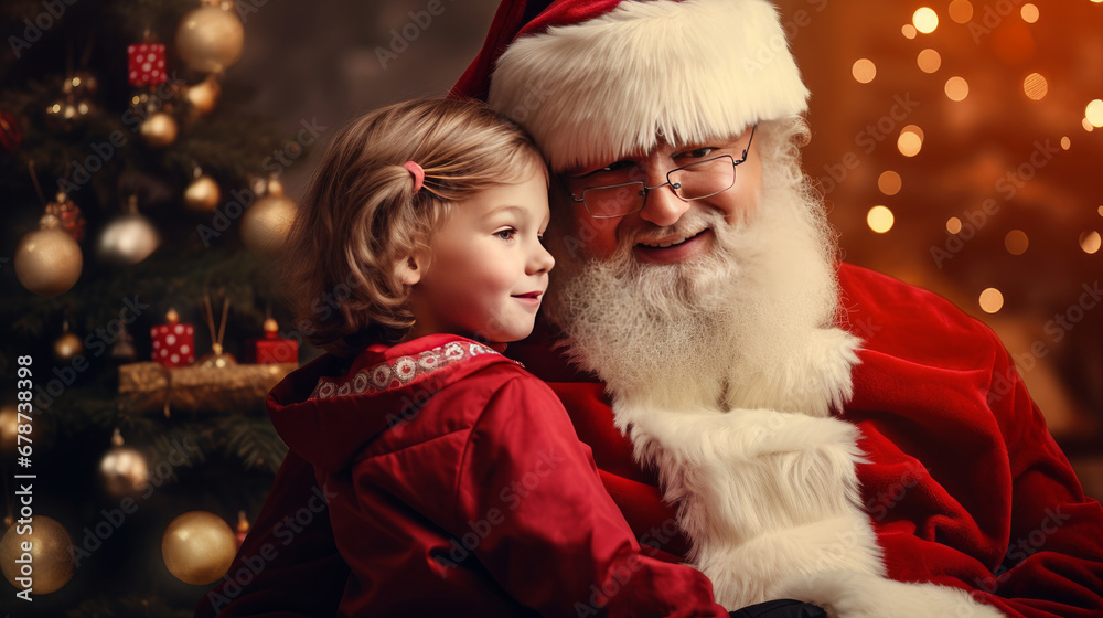 A child in the arms of Santa Claus near the Christmas tree A child in the arms of Santa Claus near the Christmas tree