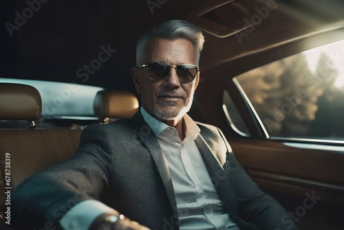 A middle-aged confident elegant businessman sitting on the back seat of a luxury car.A businessman with sunglasses is smiling.Closeup. © ARVD73