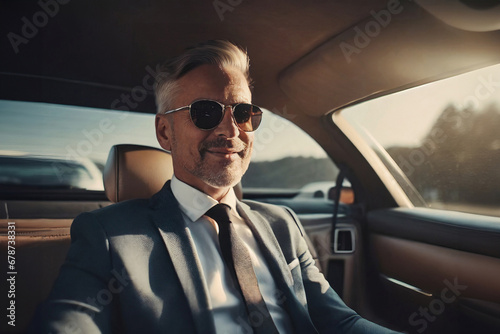 A middle-aged confident elegant businessman sitting on the back seat of a luxury car.A businessman with sunglasses is smiling.Closeup.