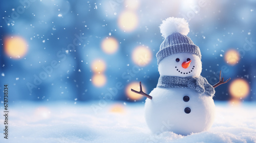 Christmas winter background with snowman in snow © vudinhhiep