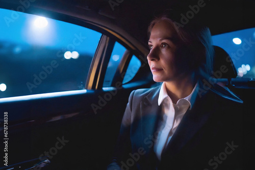 Portrait of a successful businesswoman in fashion office clothes sitting in the car.Urban modern city during night.Business people working late. © ARVD73