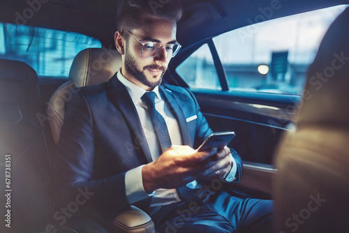 Busy working day. Handsome young man in full suit looking at his smart phone and sitting in the luxury car.Young perfectionist businessman concentrate on the phone.Close-up.