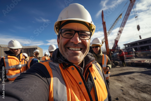 Selfie of builders, engineer at construction site in safety helmet