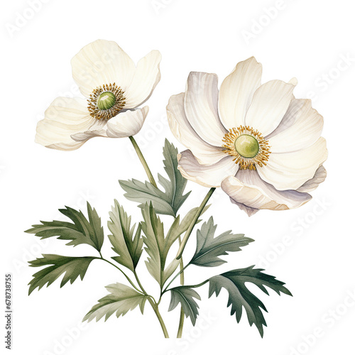 Beautiful white anemone flower with green leaves. Vintage Christmas watercolor illustration for greeting cards, invitations, web banners. Artistic painted winter, spring plant. Isolated floral element photo