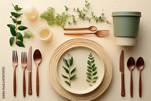 Set of kitchen utensils on the table in natural colors