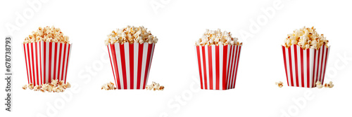 Set of Striped popcorn bag full of popcorn isolated on transparent or white background
