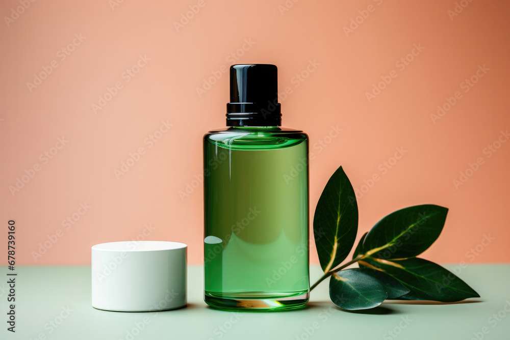 Plastic cosmetic jar with a branch of green leaves