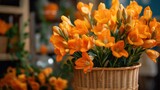 Orange freesia flowers in a wicker basket. Springtime Concept. Mothers Day Concept with a Copy Space. Valentine's Day.