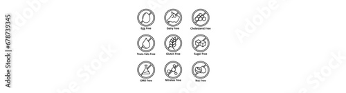 Allergen line icon big set. Nut, corn, milk, honey, gluten mustard, gmo sesame, lactose fish, egg mollusk free. Organic and natural food labels. Allergy warning ingredients