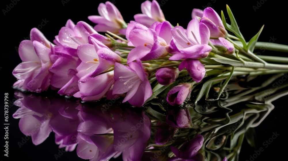Purple freesia flowers on a black background with water drops. Springtime Concept. Mothers Day Concept with a Copy Space. Valentine's Day.