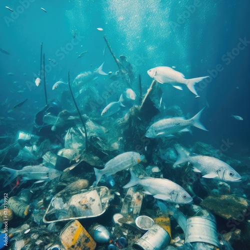 animals fish among garbage.Save animals environmental problems background image © Садыг Сеид-заде