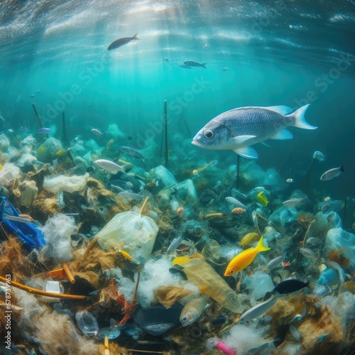 animals fish among garbage.Save animals environmental problems background image