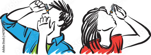 man and woman 2 applying eye drops health care doodle vector illustration photo