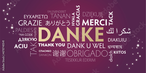 Danke - Karte mehrsprachig mit dem Text DANKE in verschiedenen Sprachen - Vektor Illustration auf purpurfarbenem Hintergrund