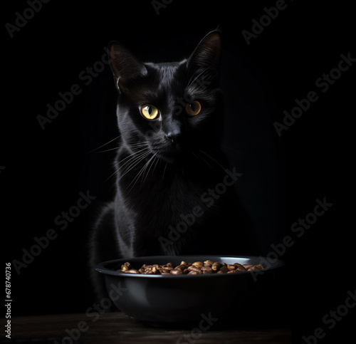 Black shorthair cat sitting near the black ceramic bowl of pet food on black background
