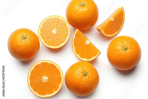 A set of oranges isolated on white background. Top view. Ai Generative