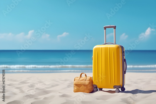 Yellow suitcase with accessories on sand beach, blue sea and blue sky, summer travel concept.