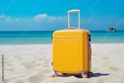 beach bag on the beach  yellow suitcase with accessories on sand beach  blue sea and blue sky  summer travel concept.