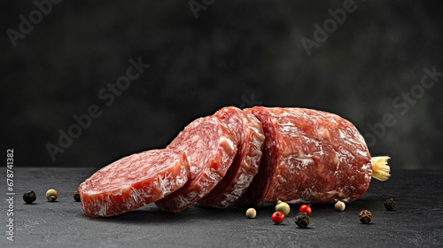 Traditional Italian salami sausage on black background photo