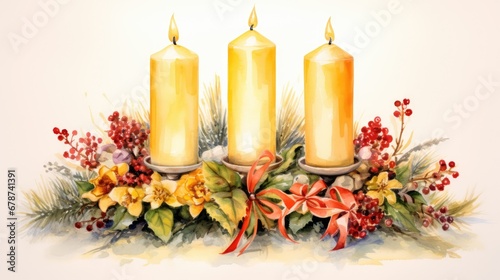  a watercolor painting of three candles surrounded by flowers and greenery with red and yellow poinsettis and red berries on a white background with red ribbon.