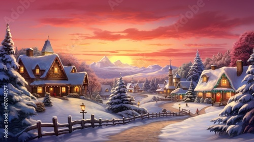  a painting of a winter scene with a house in the foreground and snow covered trees on the other side of the fence, and a sunset in the background.